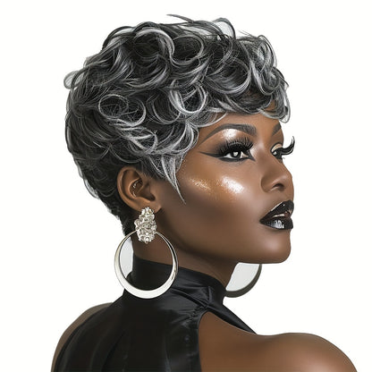 Short curly pixie cut wig with stylish gray curls for a trendy look from LuckeLadybug LLC