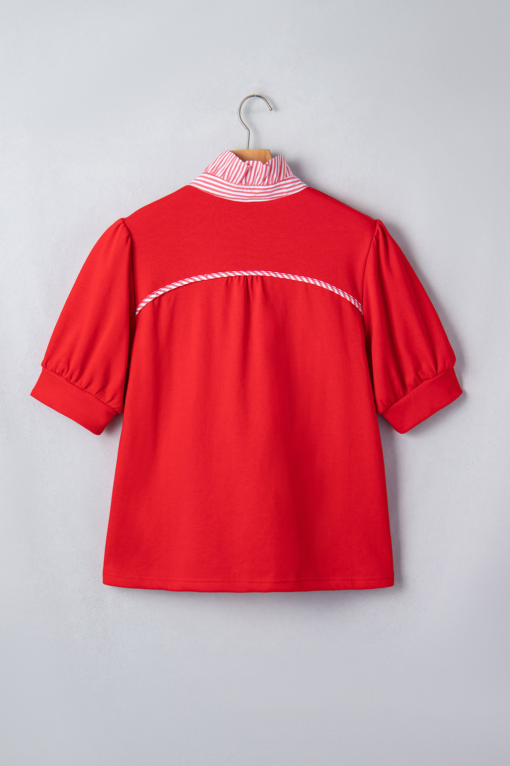 Sky Blue Striped Frilled Collar Short Sleeve Blouse
