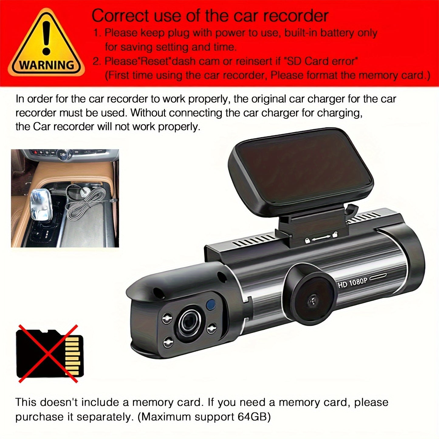 1080p Dual Camera Dash Cam With Night Vision