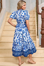 Sky Blue Floral Maxi Dress Tiered V-Neck