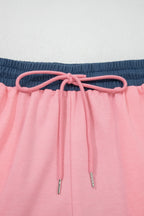 Pink Color Block Patchwork Varsity Striped Detail Drawstring Elastic Waist Shorts