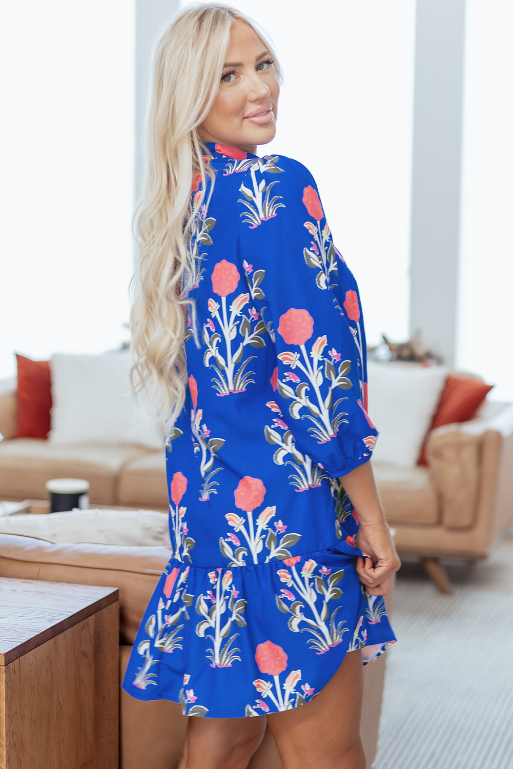 Blue Floral Print Dress Ruffle Hem