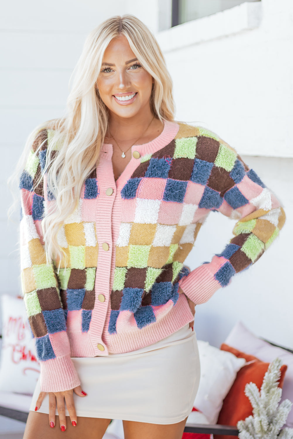 Multicolor Checkered Cardigan Sweater