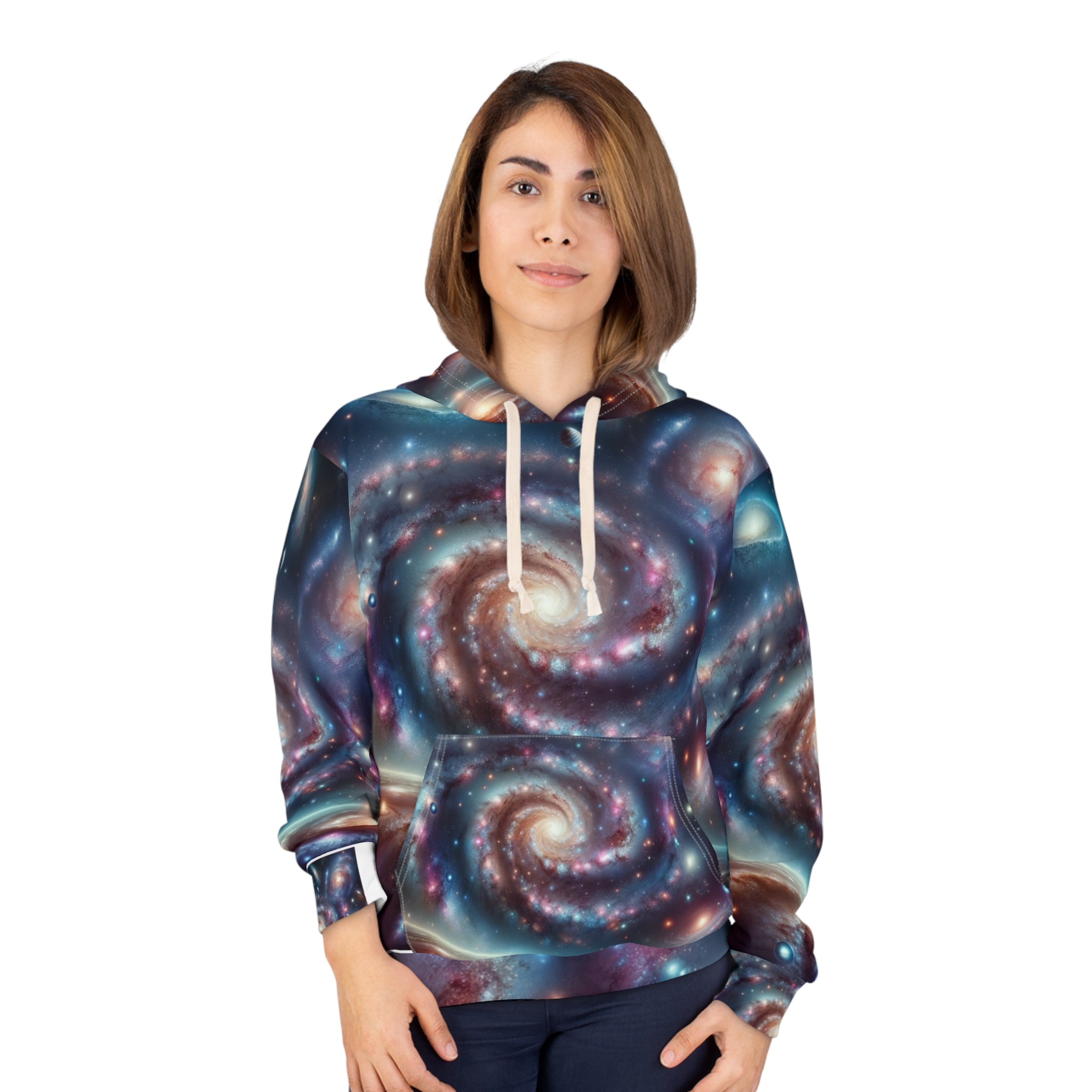 LuckeLadybug astronomy themed hoodie for men with galaxy spiral design and cosmic colors