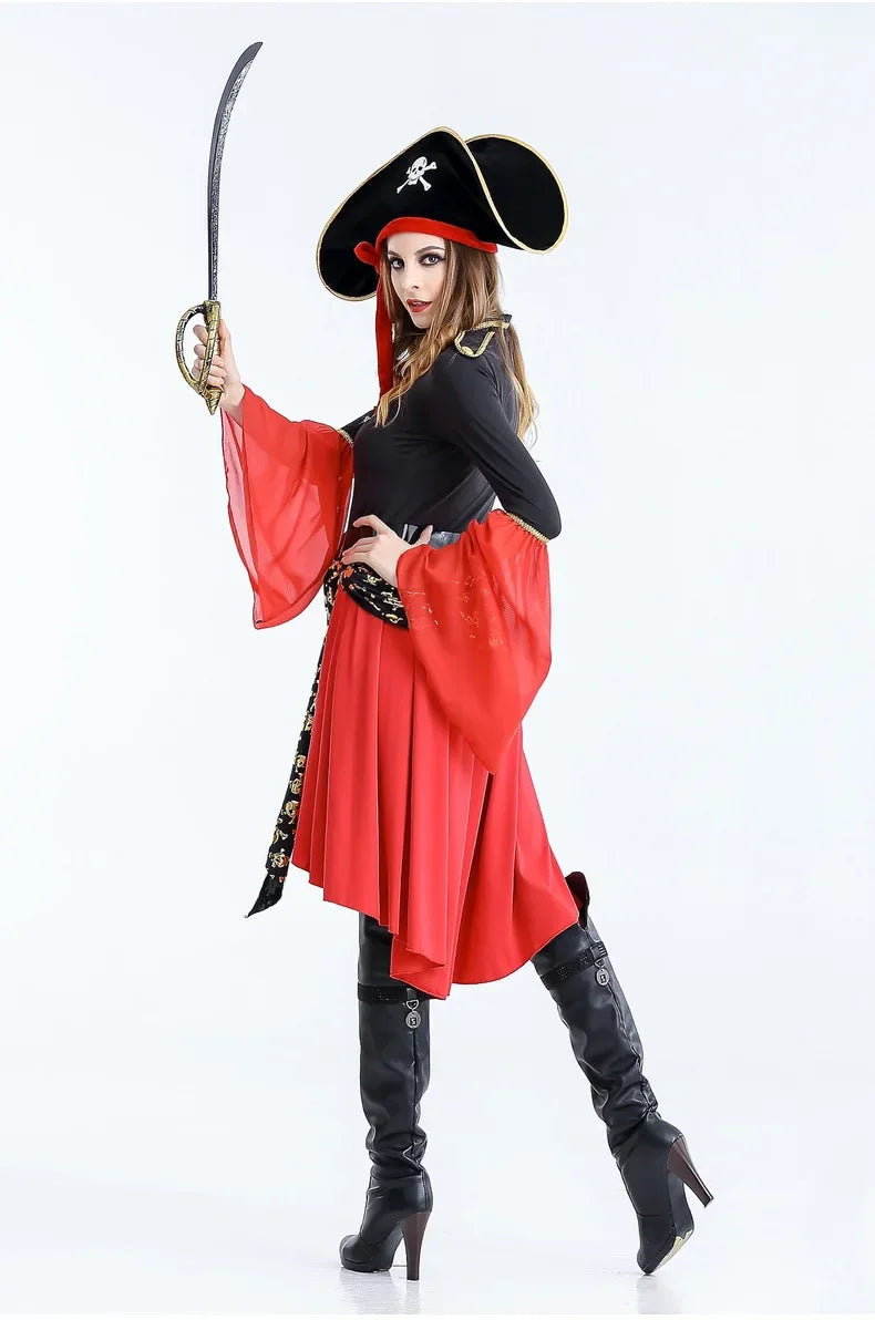 Female pirate captain cosplay costume with a striking red skirt and black top, complete with a sword and hat