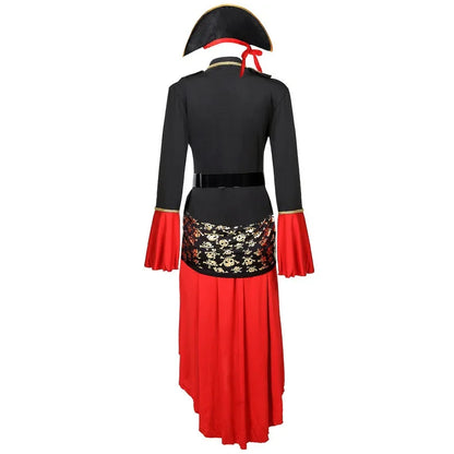 Female pirate captain cosplay costume featuring a black and red design with an elegant hat and flowing sleeves