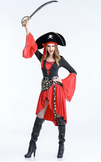Female pirate captain cosplay costume with a red dress, black corset, and pirate hat holding a sword