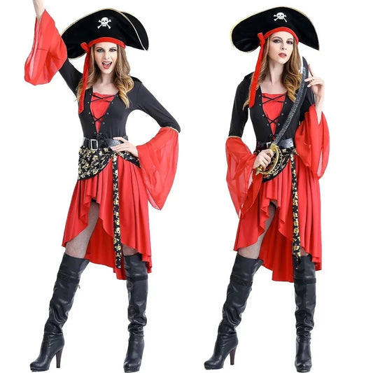 Female pirate captain cosplay costume with a black and red dress, matching hat, and pirate accessories