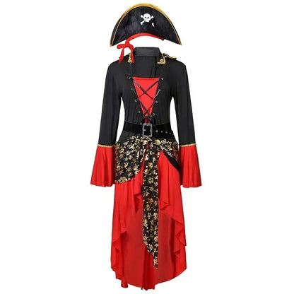 Female pirate captain cosplay costume with black and red dress and matching pirate hat