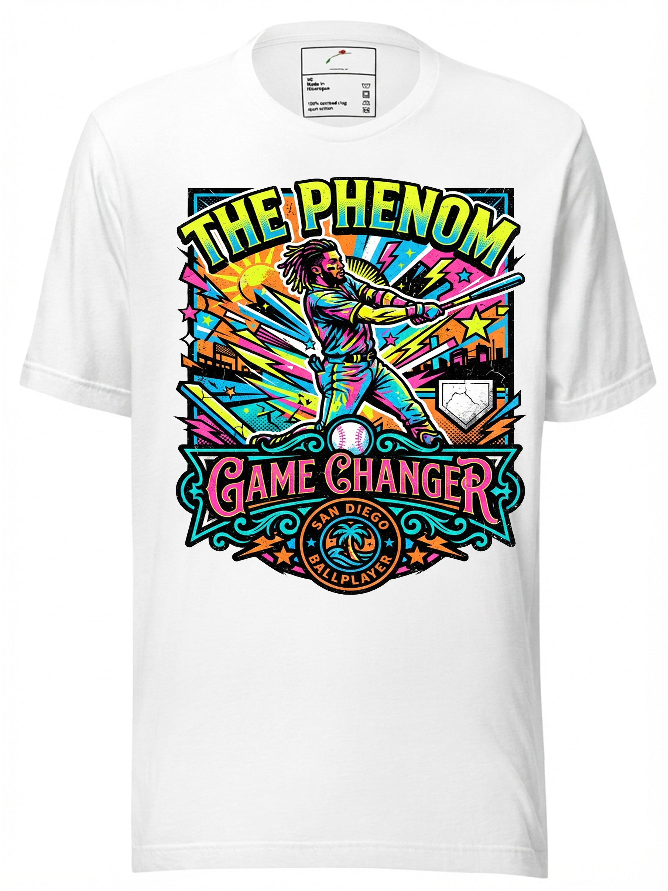 White t-shirt featuring colorful graphic of Fernando Tatis Jr. with the text 'The Phenom Game Changer'