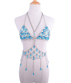 LuckeLadybug Blue Beaded Tank Top with Unique Design and Drape Accents for Stylish Summer Wear