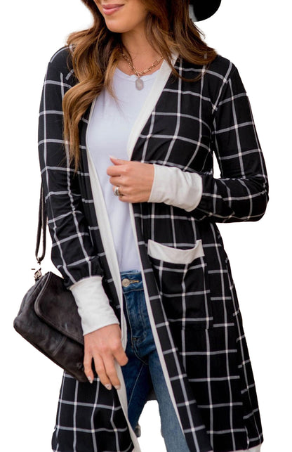 Black Plaid Open Cardigan For Chic Style