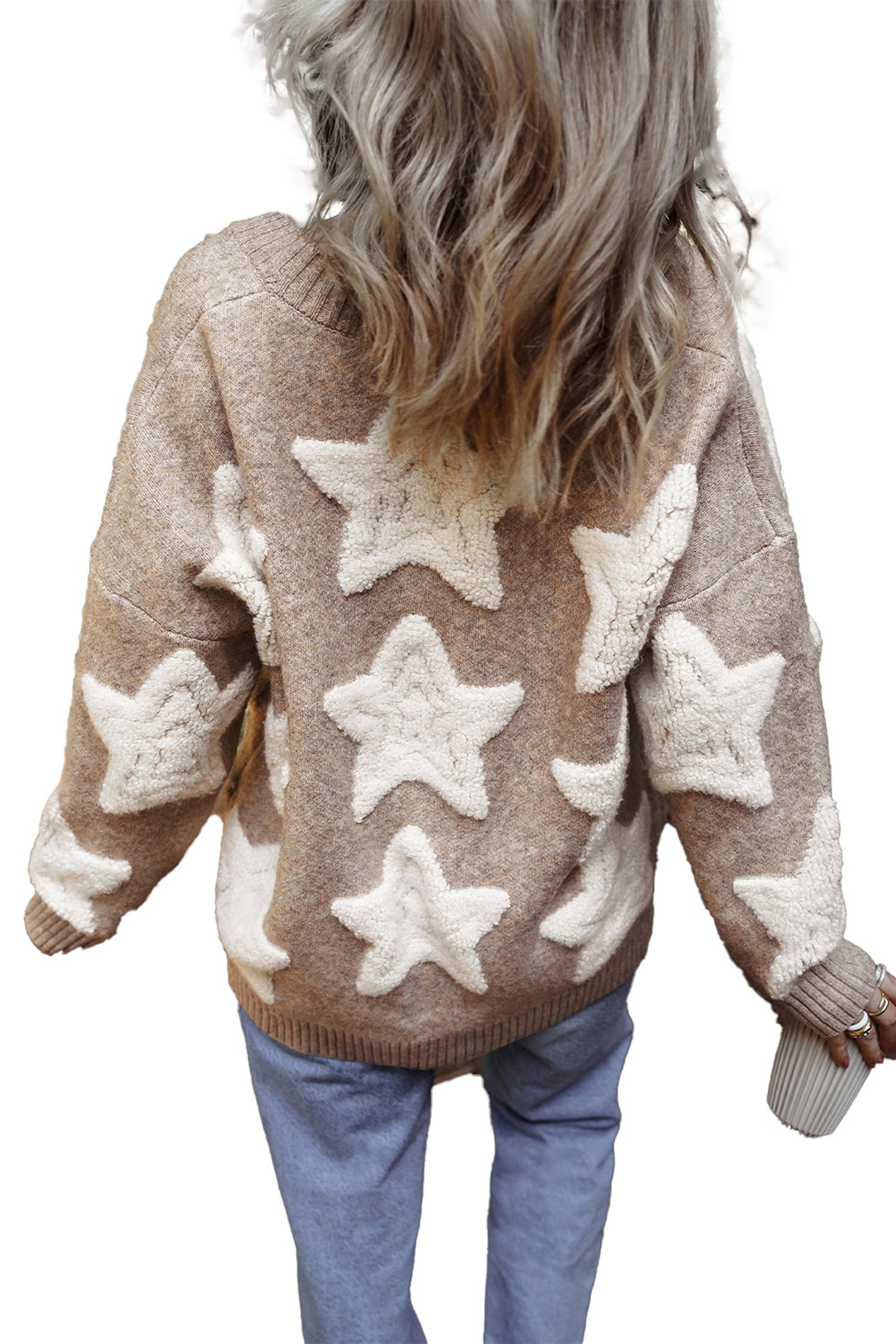 Khaki Star Pattern Sherpa Cardigan