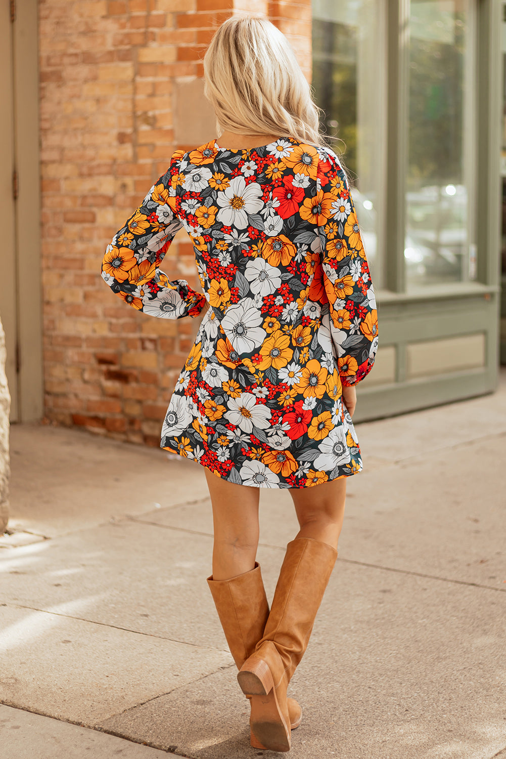 Orange Floral Mini Dress Boho V-Neck