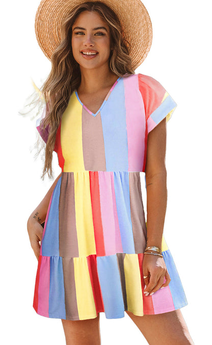 LuckeLadybug fiery red color block mini dress with short sleeves and a flared skirt