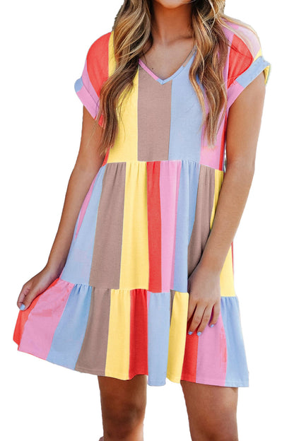 LuckeLadybug fiery red color block mini dress with colorful stripes and a relaxed fit