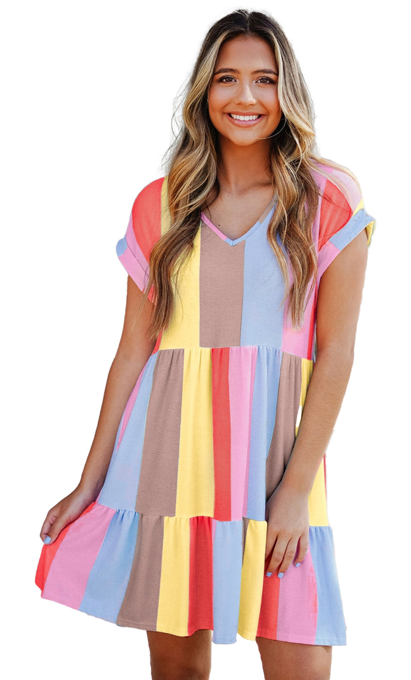 LuckeLadybug fiery red color block mini dress with vibrant stripes and a flared bottom for a fun, summery look