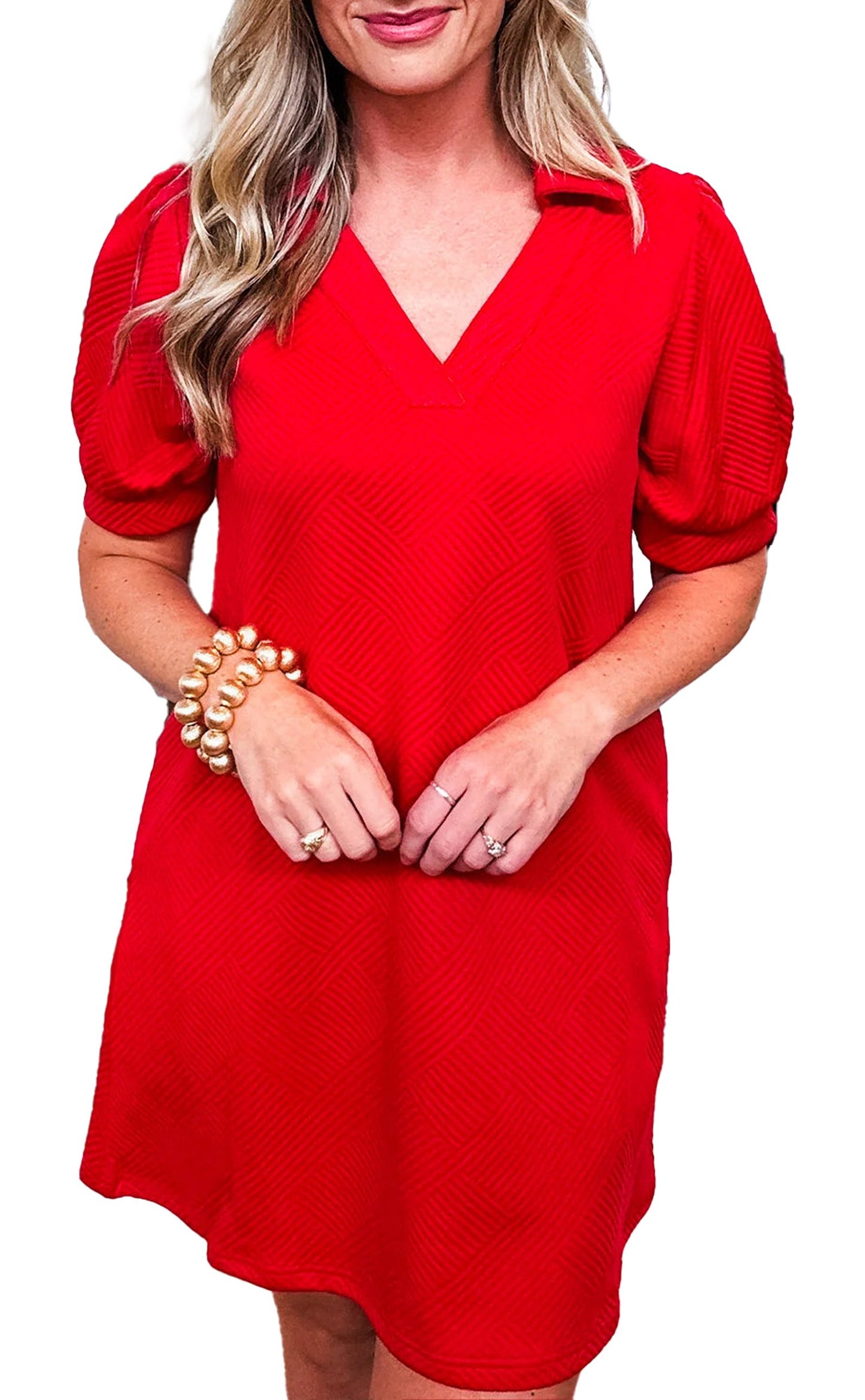 LuckeLadybug fiery red mini dress with puff sleeves and a V-neckline for casual and stylish wear