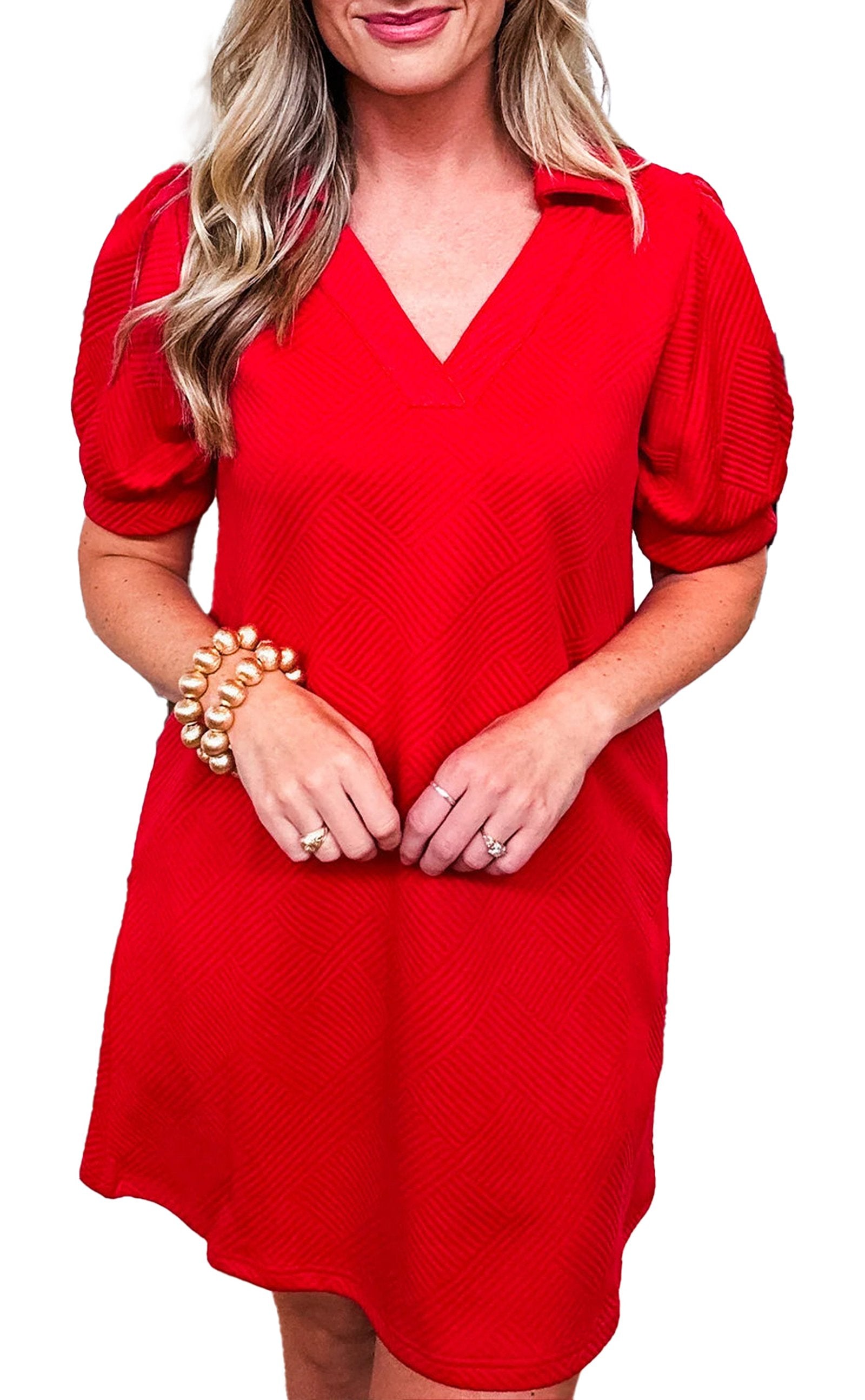 LuckeLadybug fiery red mini dress with puff sleeves and a V-neckline for casual and stylish wear