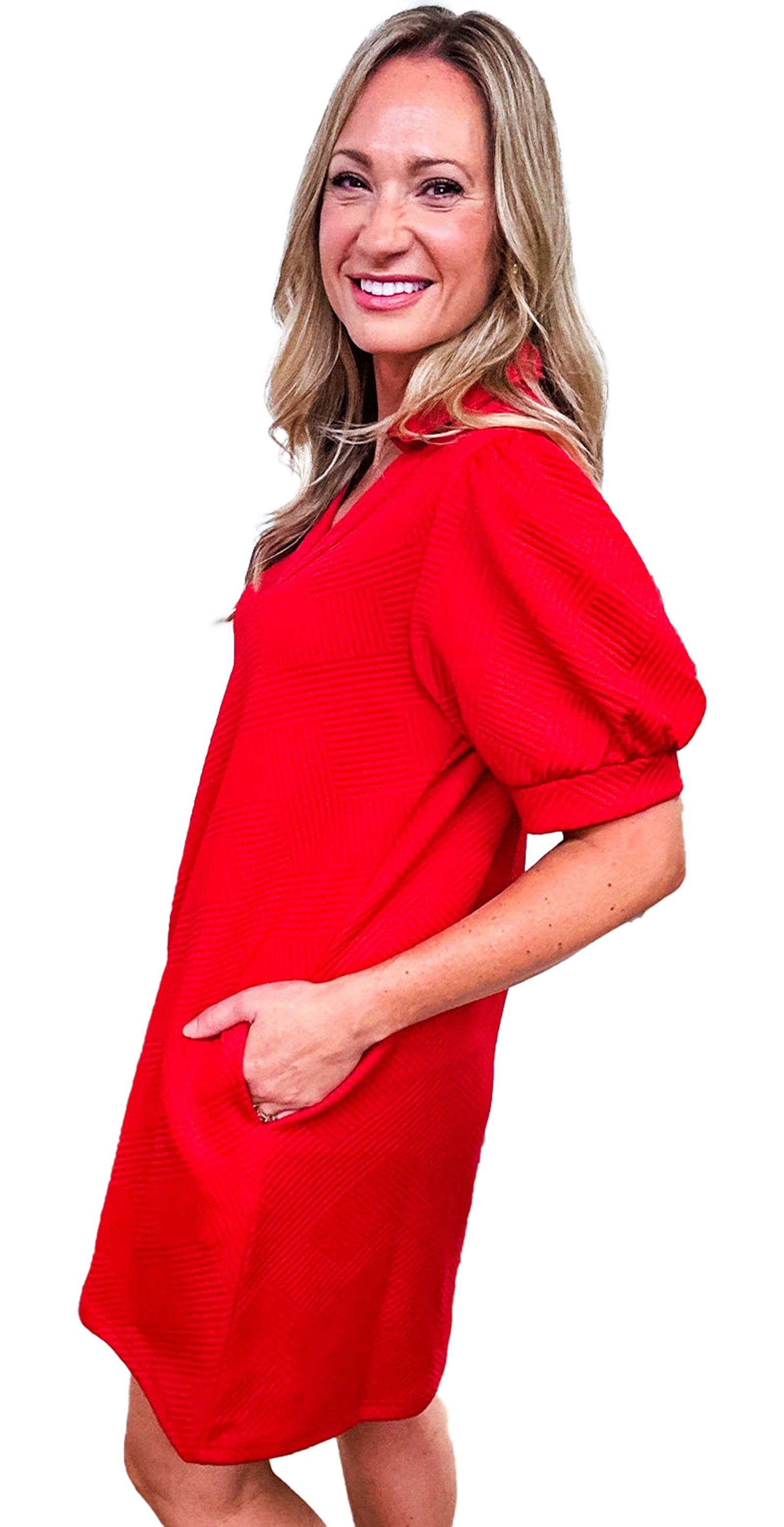 LuckeLadybug fiery red mini dress with puff sleeves and pockets, perfect for casual outings