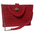 Flame Frame Structured Red Trapezoid Bag with textured knit design and detachable shoulder strap