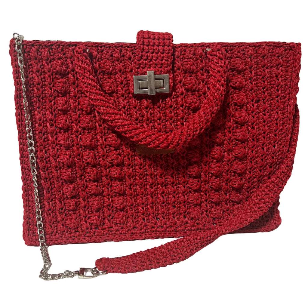 Flame Frame Structured Red Trapezoid Bag with a unique textured design and detachable strap