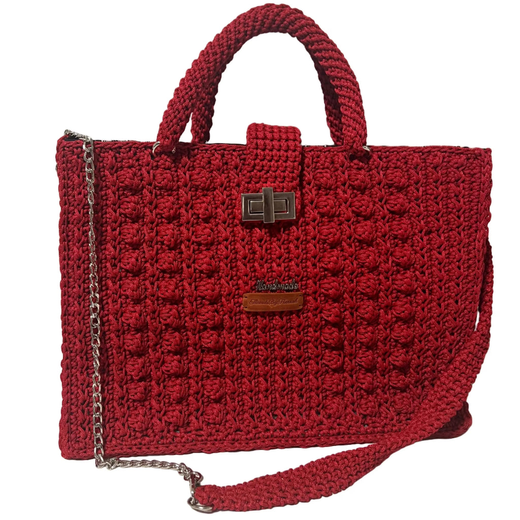 Flame Frame Structured Red Trapezoid Bag with textured crochet design and adjustable strap