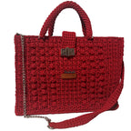 Flame Frame Structured Red Trapezoid Bag with textured crochet design and adjustable strap