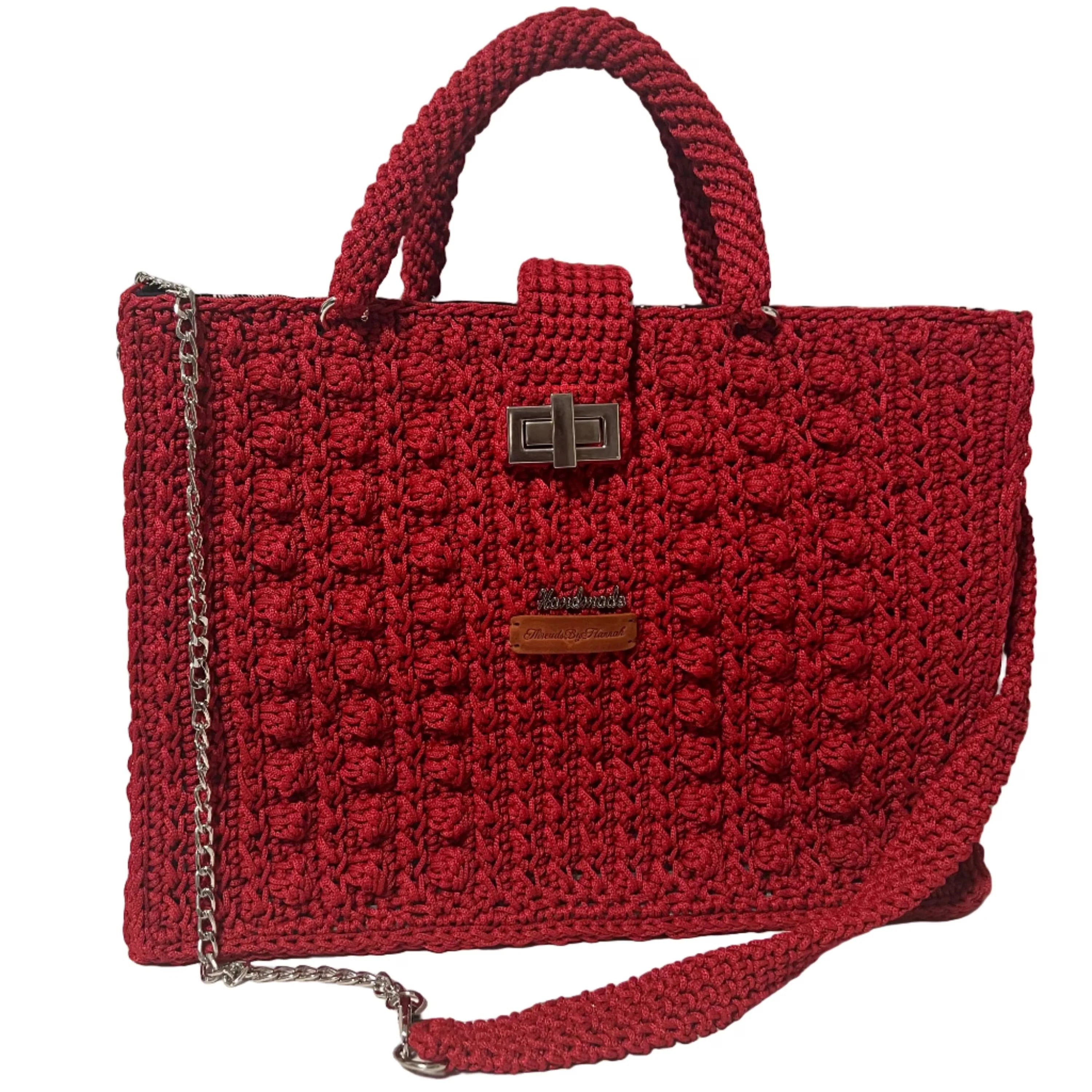 Flame Frame Structured Red Trapezoid Bag with textured crochet design and adjustable strap