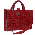 Flame Frame Structured Red Trapezoid Bag with Chunky Knit Design and Adjustable Chain Strap