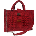 Flame Frame Structured Red Trapezoid Bag with Chunky Knit Design and Adjustable Chain Strap