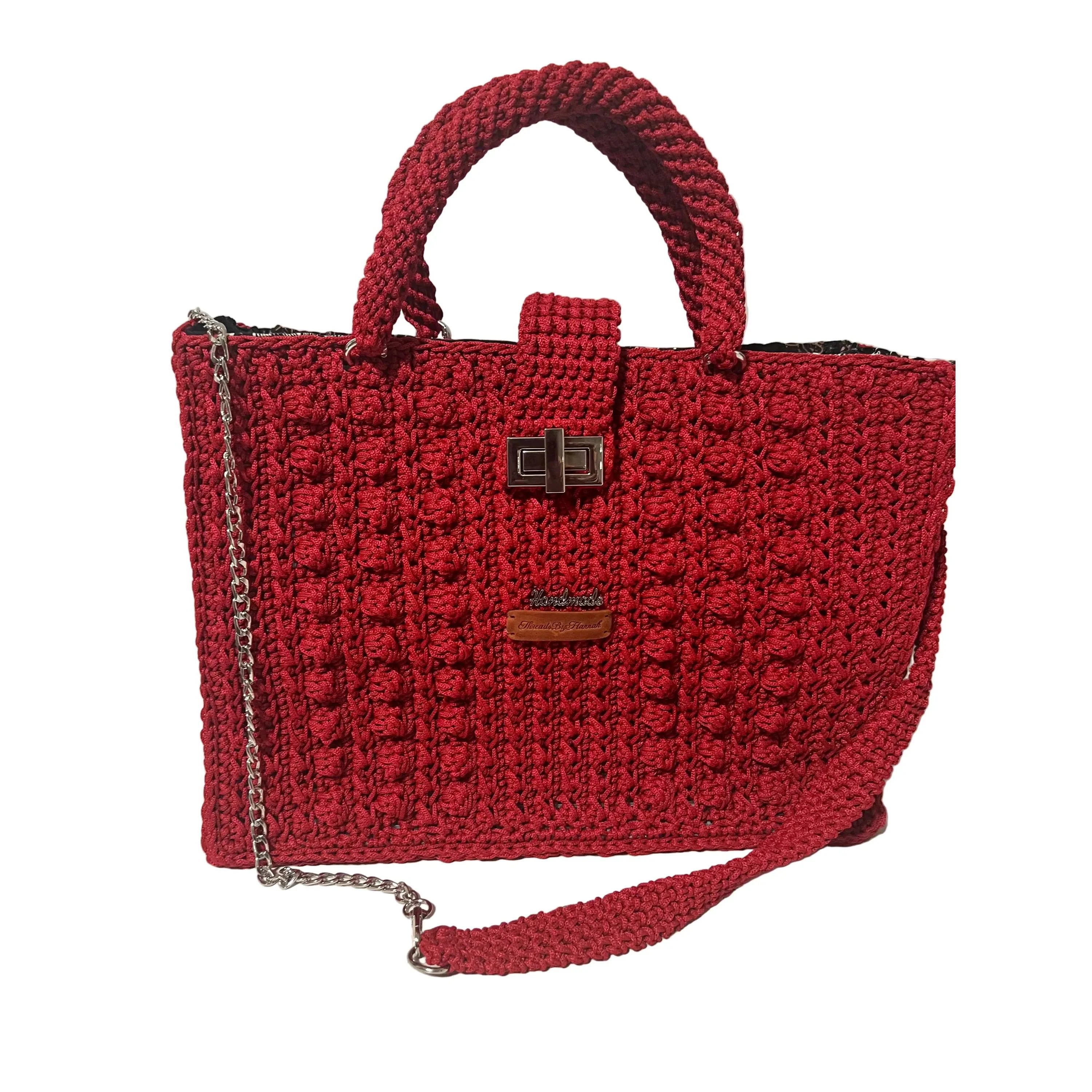 Flame Frame Structured Red Trapezoid Bag with Chunky Knit Design and Removable Chain Strap