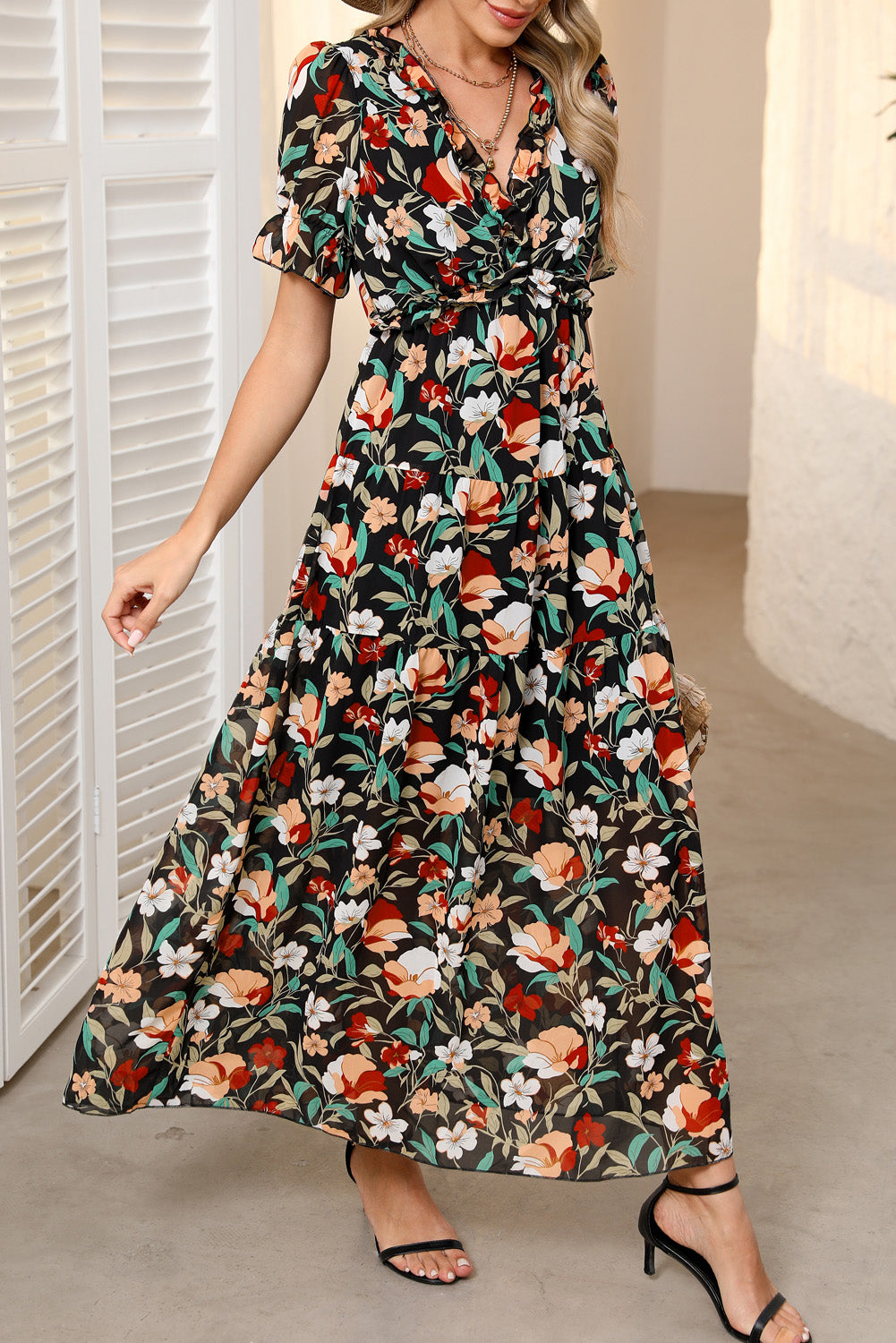 LuckeLadybug Fit & Flare floral and maxi dress with short sleeves and a cinched waist