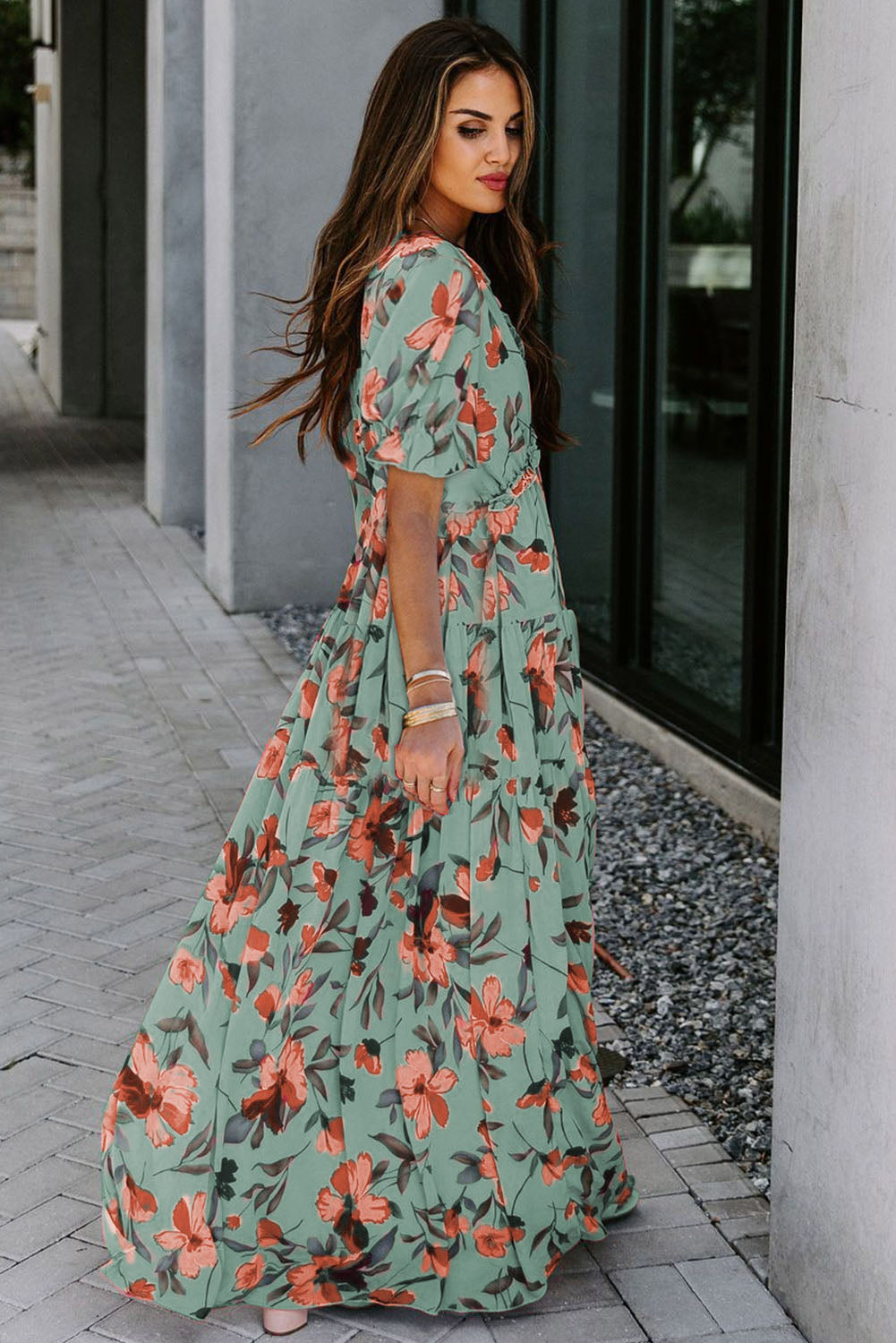 LuckeLadybug LLC Floral Fit & Flare and maxi dress in green with vibrant flower patterns