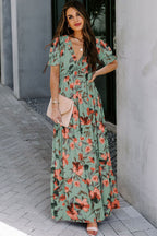 LuckeLadybug LLC Fit & Flare Maxi Dress with Floral Pattern and Short Sleeves