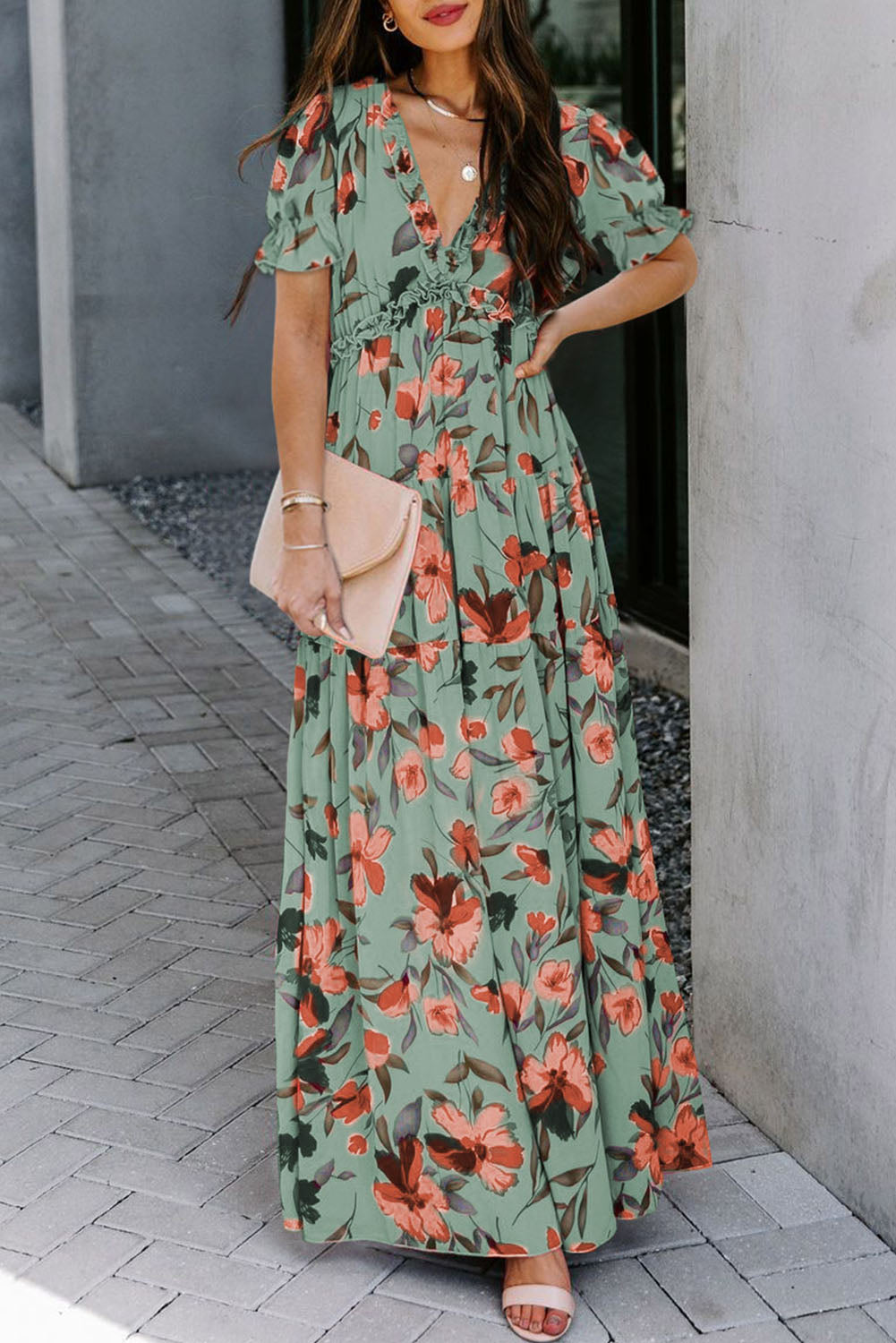 LuckeLadybug LLC Floral Fit & Flare Green and Maxi Dress with Flutter Sleeves for Summer Events