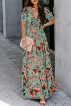 LuckeLadybug LLC Floral Fit & Flare Green and Maxi Dress with Flutter Sleeves for Summer Events