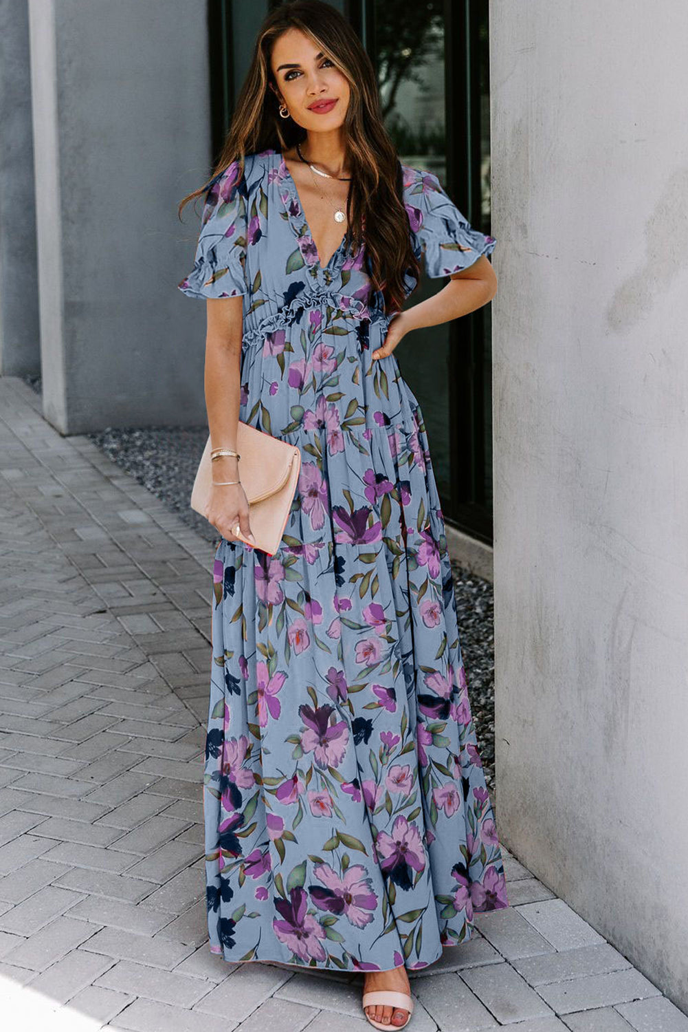 LuckeLadybug Fit & Flare Floral Maxi Dress in Blue with Ruffled Sleeves and V-Neckline