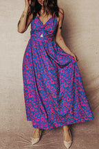 Vibrant Fit & Flare design in purple and pink floral pattern with adjustable straps and maxi dress.