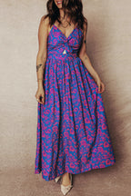 LuckeLadybug LLC Fit & Flare dress in vibrant pink and blue floral print, perfect summer and maxi dress.