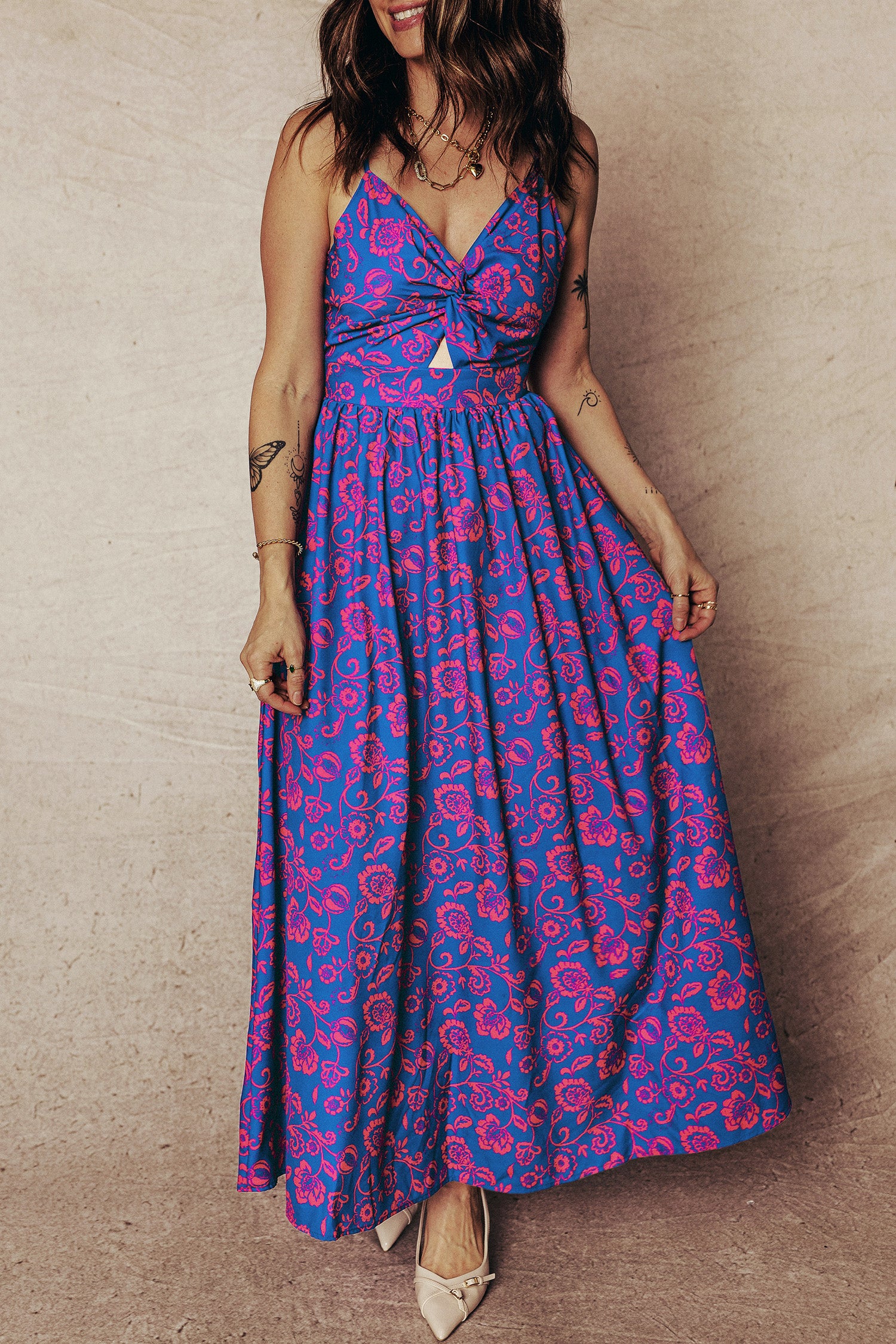 LuckeLadybug LLC Fit & Flare dress in vibrant pink and blue floral print, perfect summer and maxi dress.