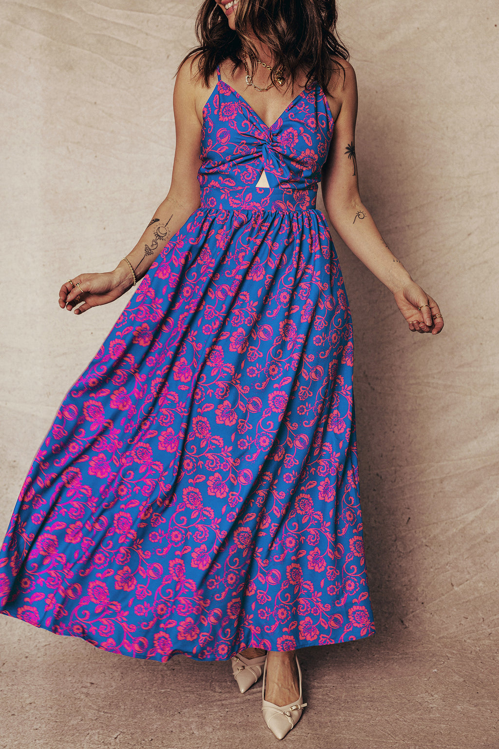 LuckeLadybug LLC Fit & Flare Maxi Dress in Pink Floral Pattern with Adjustable Straps