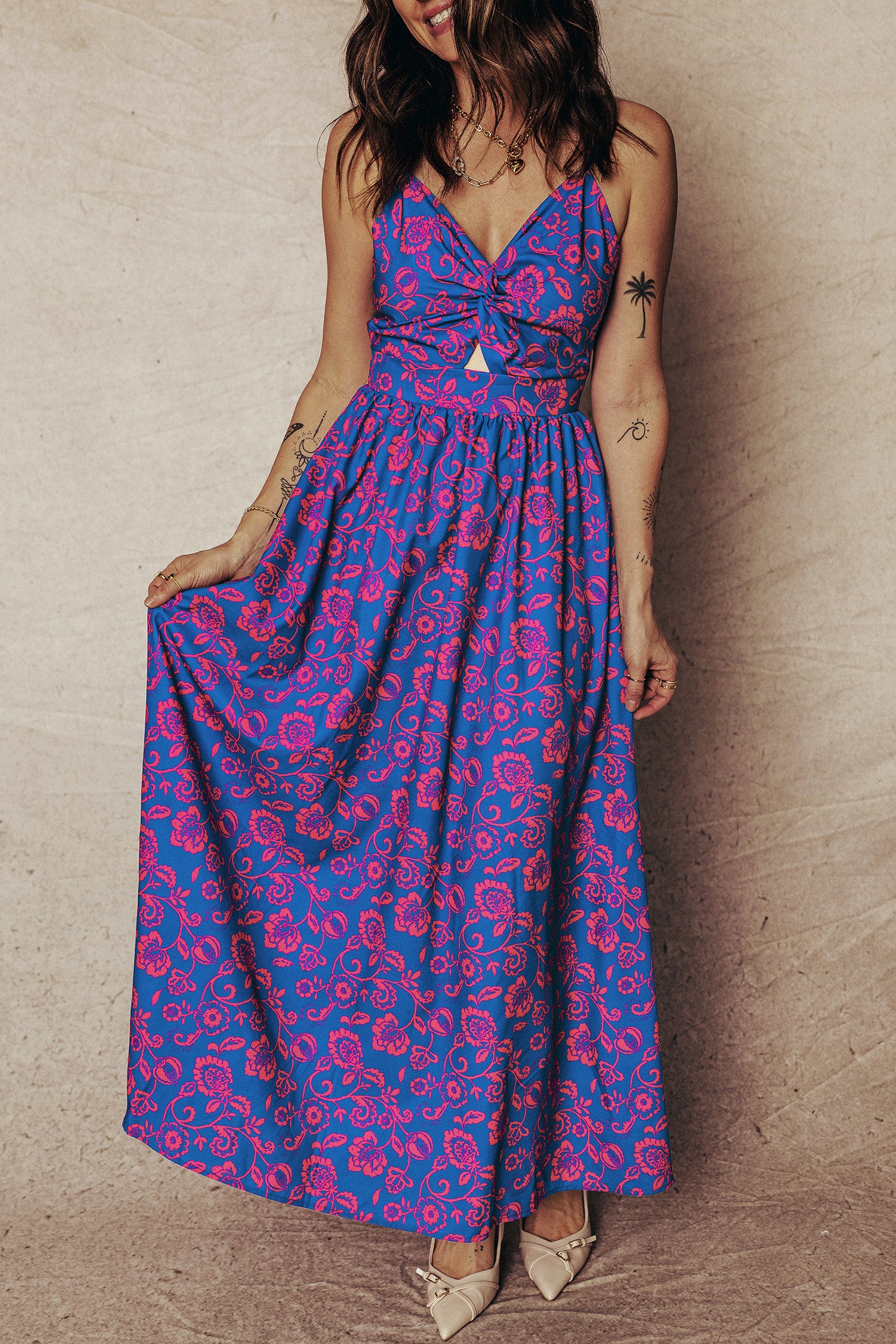 LuckeLadybug LLC Fit & Flare dress in blue with floral print, perfect summer and maxi dress.