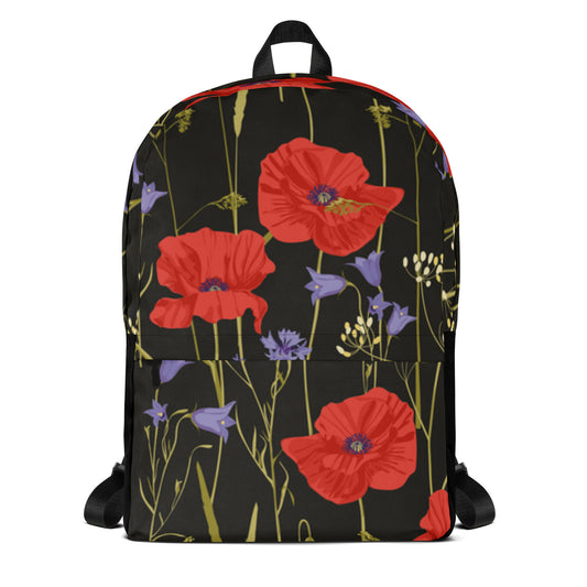 LuckeLadybug black floral backpack for women with red poppy and purple flower design