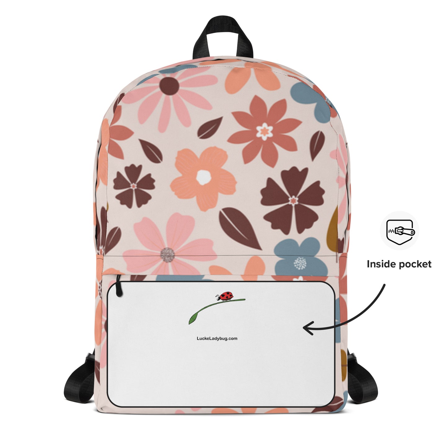 LuckeLadybug floral backpack for women with vibrant flower design and convenient inside pocket