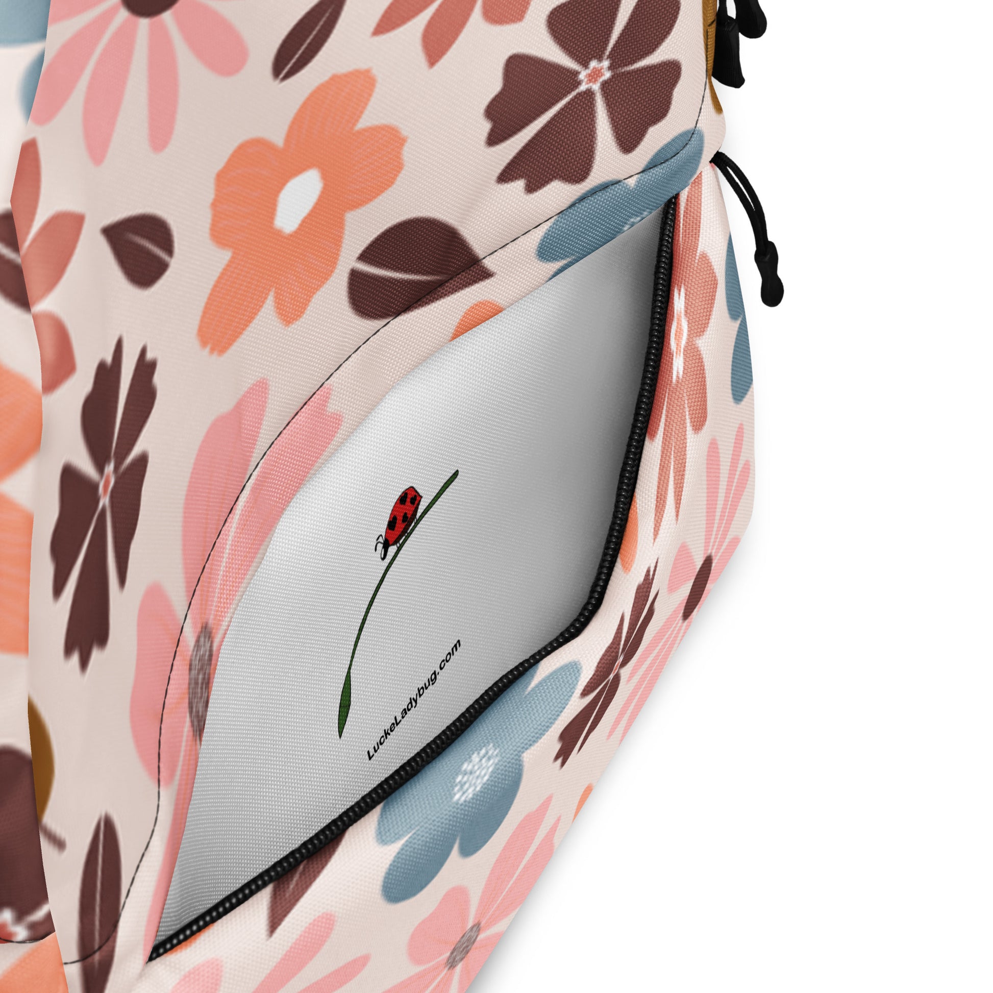 LuckeLadybug floral backpack for women with colorful flower designs and a zippered compartment