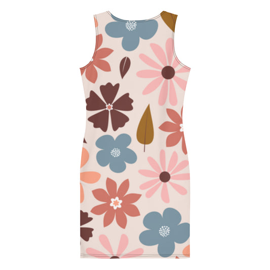 LuckeLadybug floral bodycon dress with colorful large flower and leaf pattern on light background
