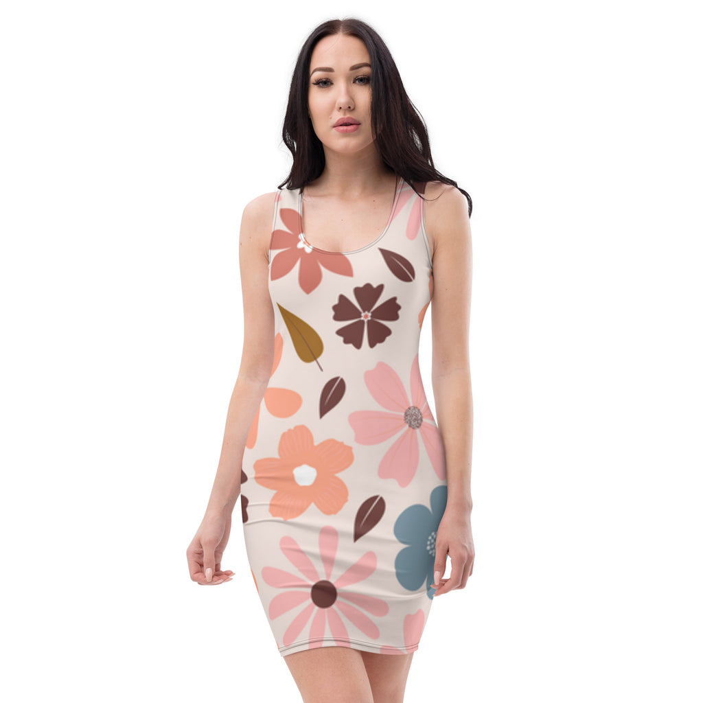 LuckeLadybug floral bodycon dress with large multicolor flower print on sleeveless fitted design