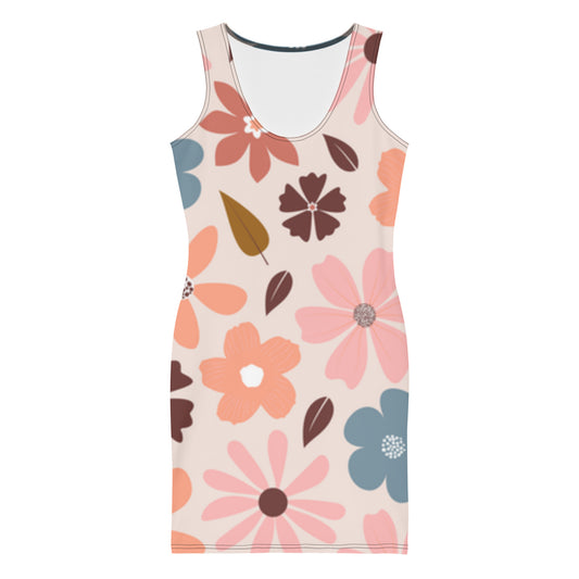 LuckeLadybug floral bodycon dress with pink, blue, and brown large flower prints on cream background
