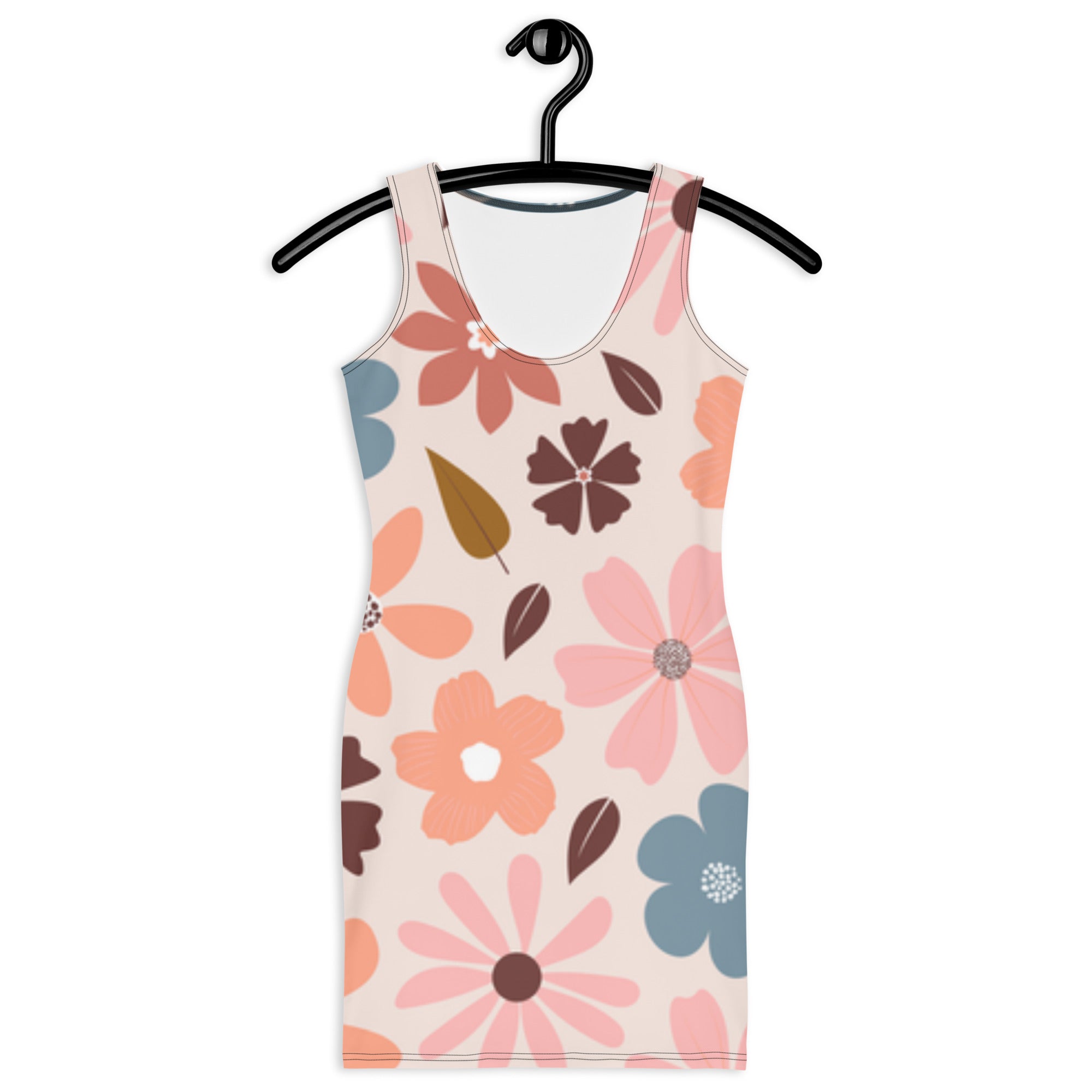 LuckeLadybug floral bodycon dress with large colorful flowers on a light background